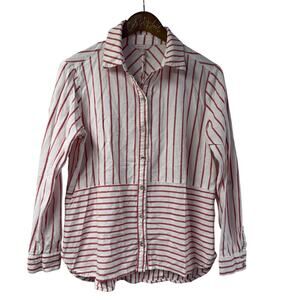 Esprit Striped Blouse Top White Red Medium Long Sleeve Button Front Linen Blend
